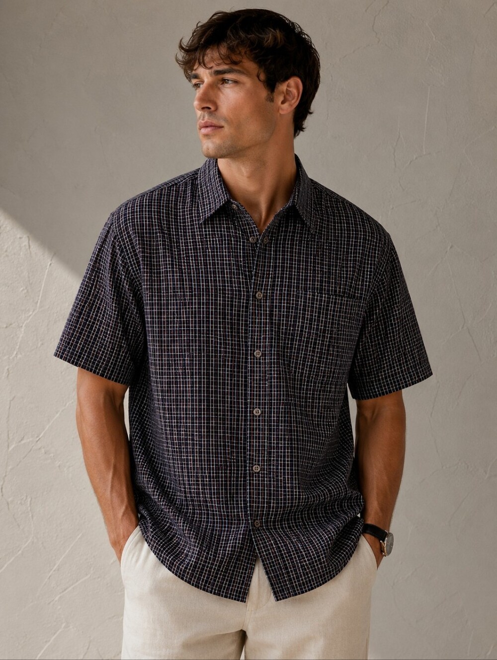 Bugatchi Short-Sleeve Button-Down Shirt in Black and Burgundy Check